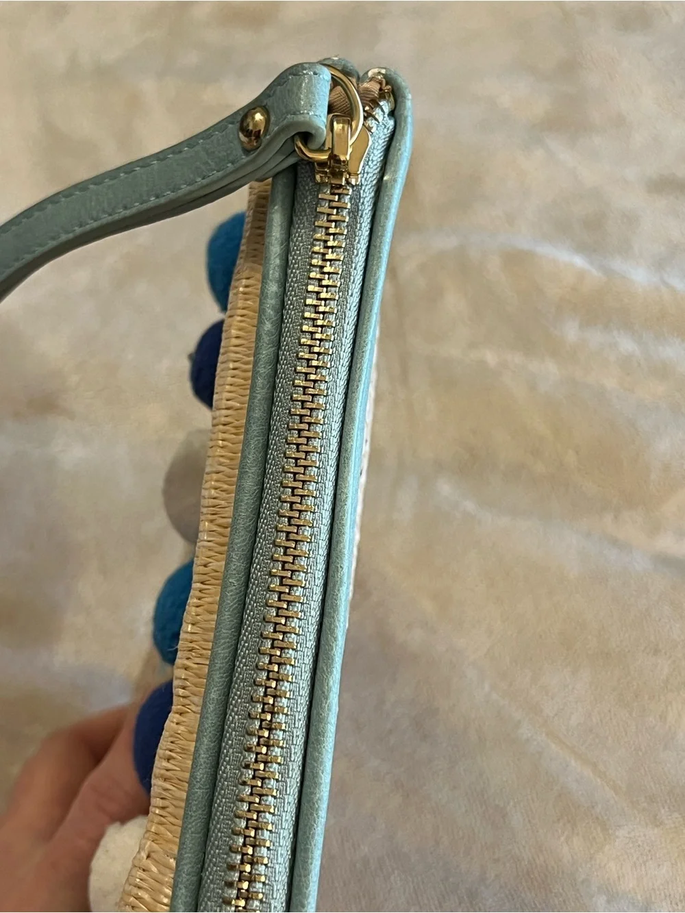 Aloha Straw Pom Pom Zip Pouch in Teal and Natural Clutch